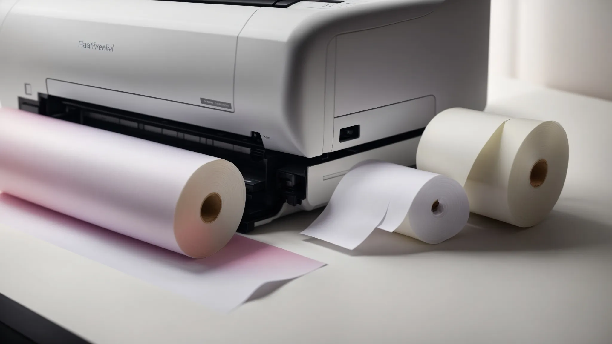 a printer ejecting a bright white sheet stands beside an empty ink cartridge and a roll of thermal paper, highlighting the technology differences.