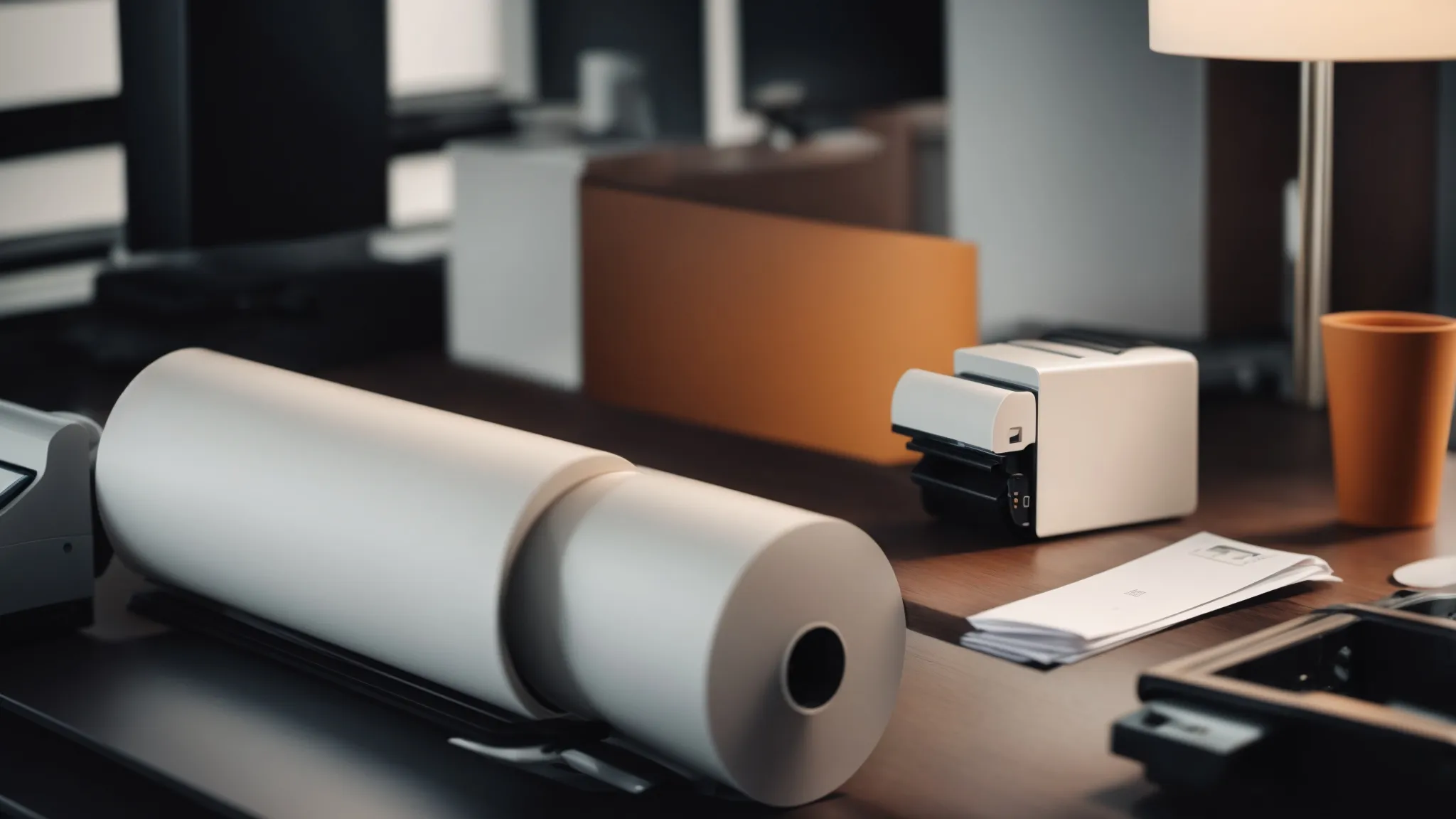 a roll of thermal paper beside a sleek, modern printer on an organized office desk.