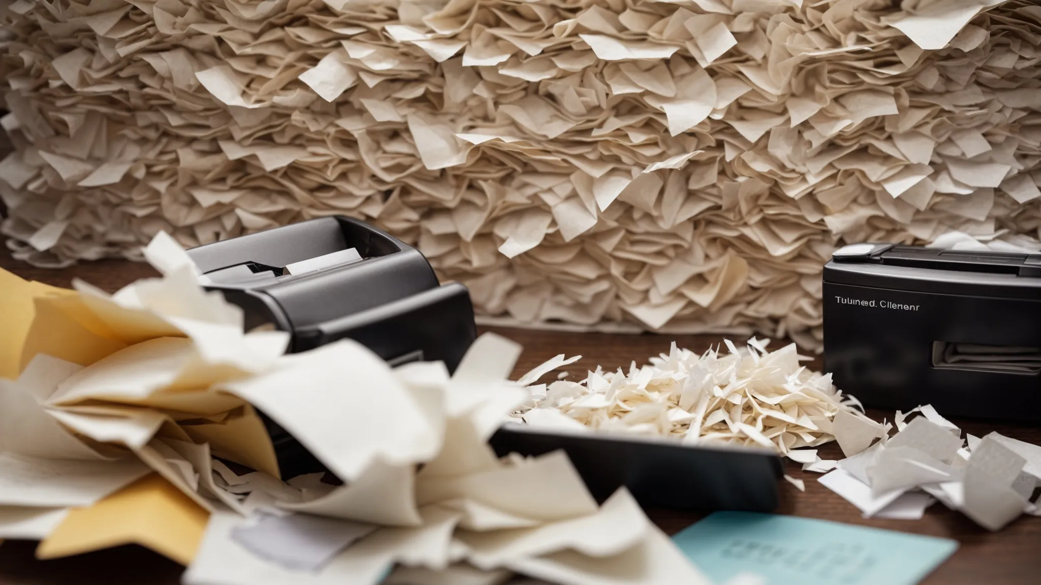 a paper shredder sits atop an office desk, surrounded by discarded paper, ready to shred credit card receipts.