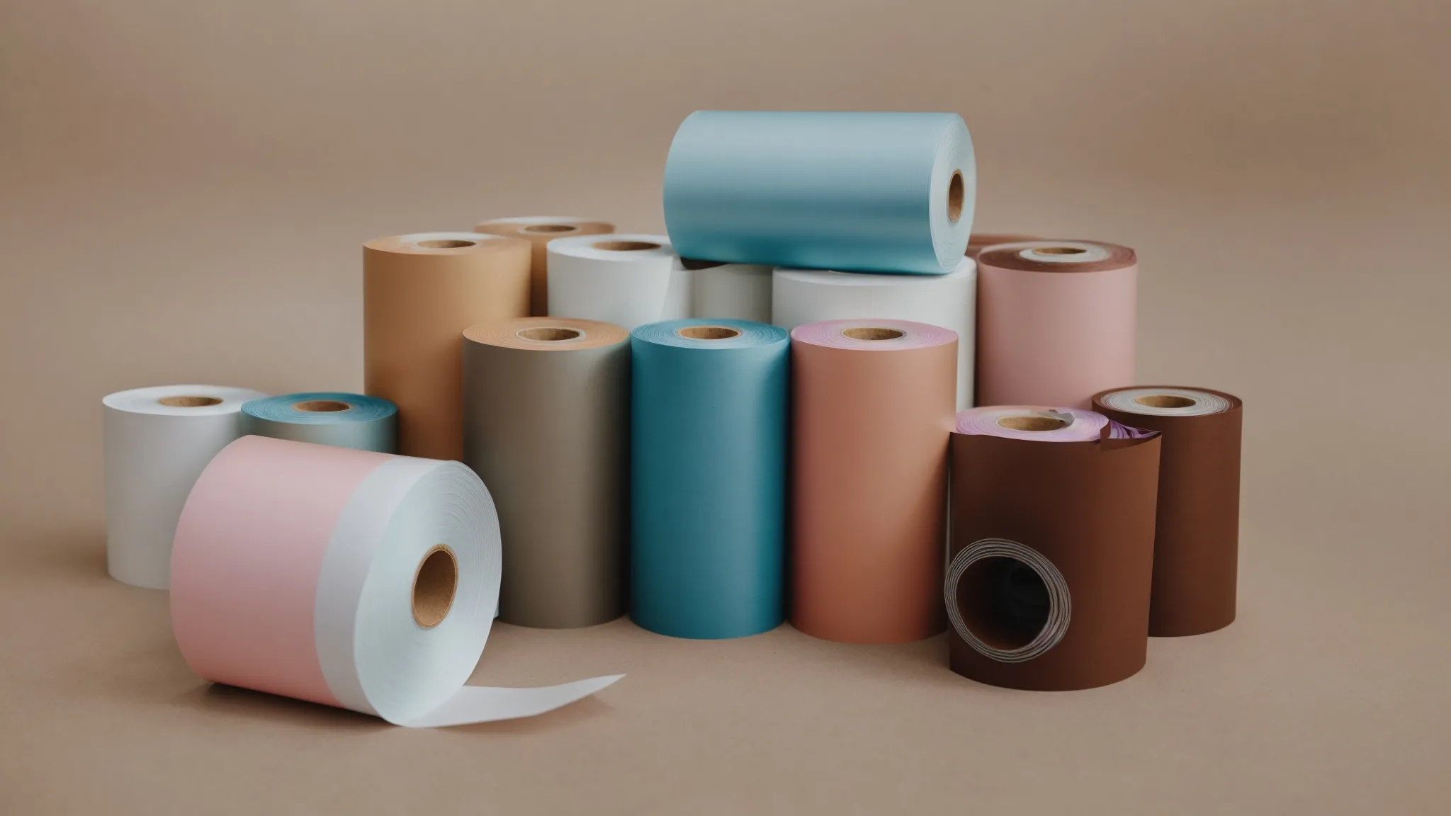 a stack of different types of thermal paper rolls sitting next to a thermal printer.