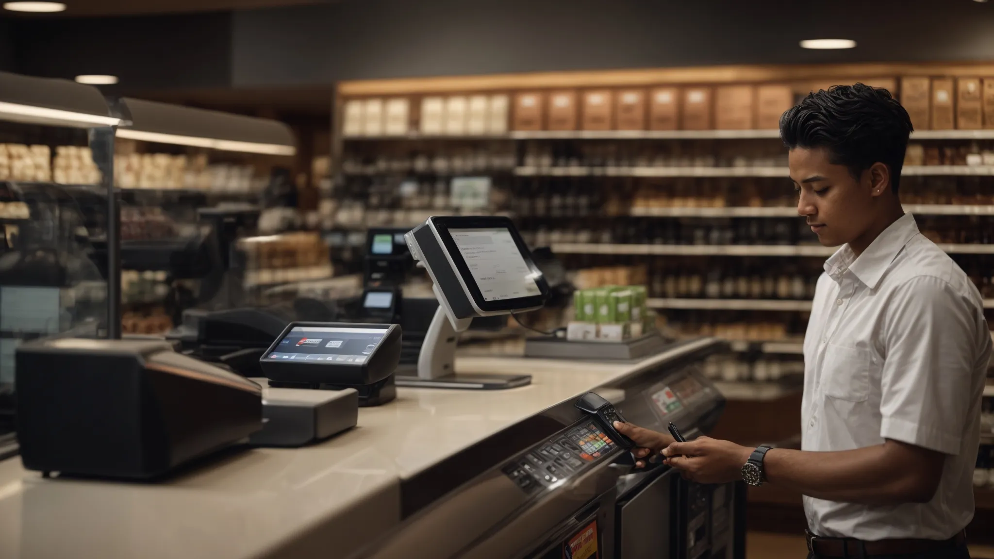 a staff member confidently demonstrating a seamless checkout process at a busy retail counter, using advanced pos equipment.