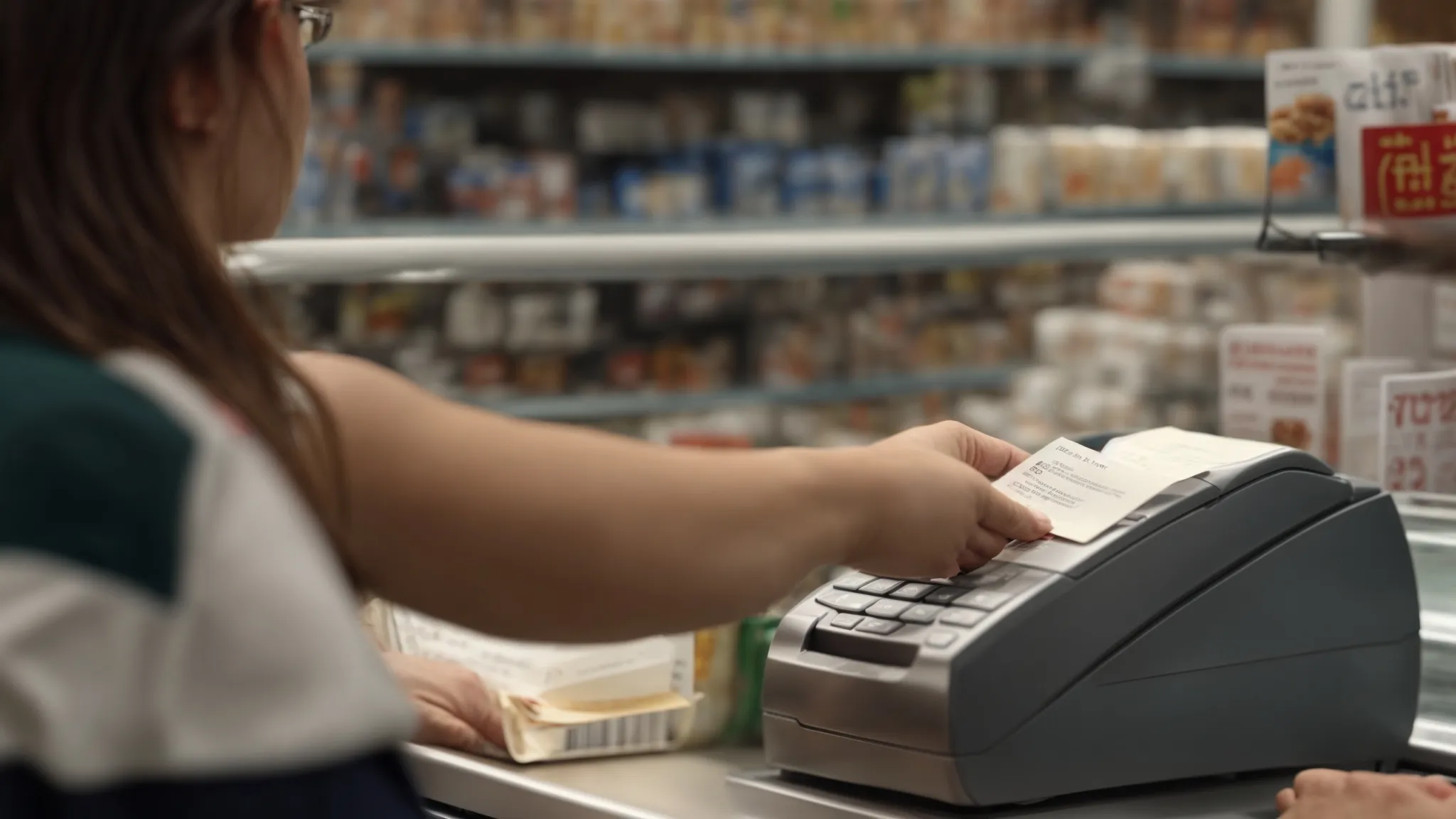 a cashier hands a crisp receipt to a customer against the backdrop of a bustling retail store.