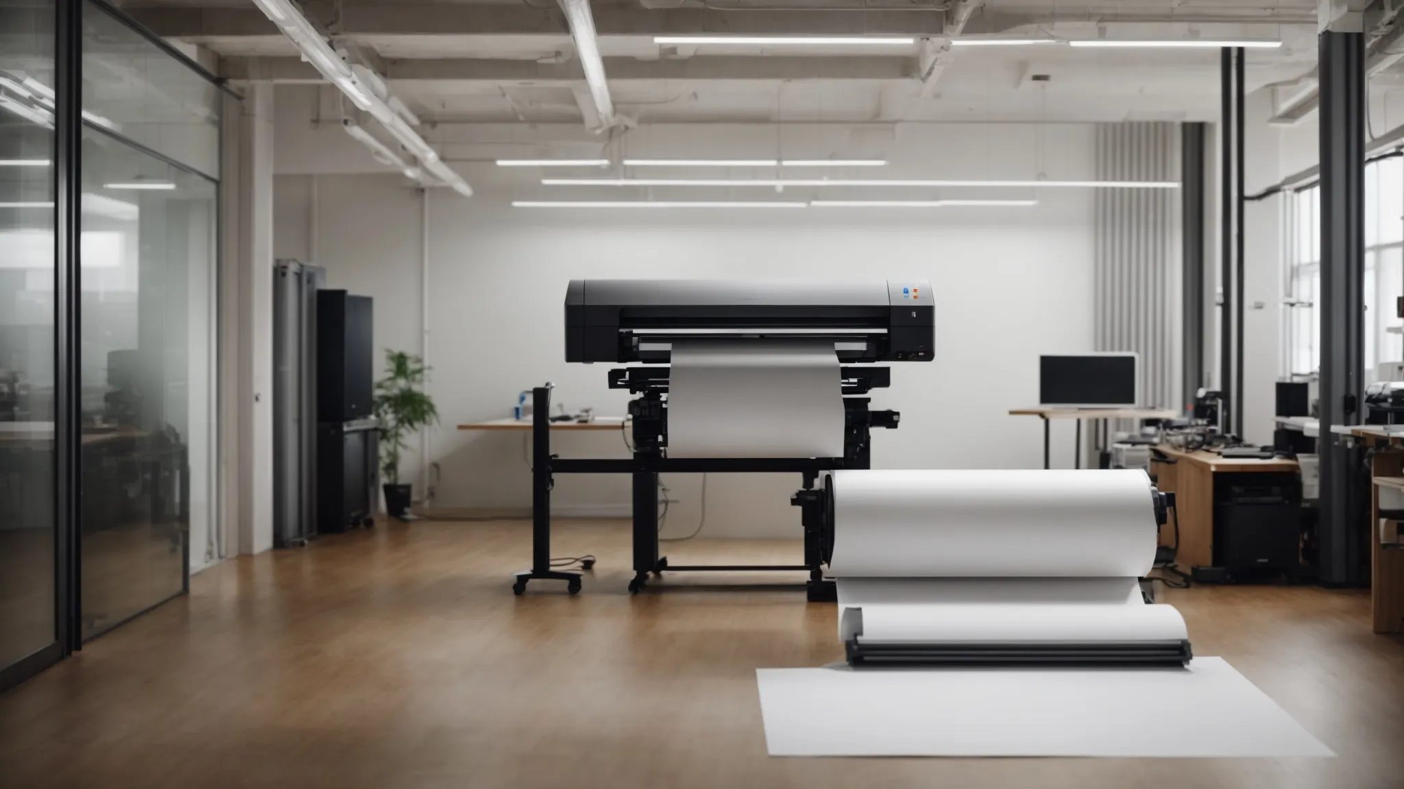 a large roll of paper is being inserted into a professional cad plotting printer in an architectural office.
