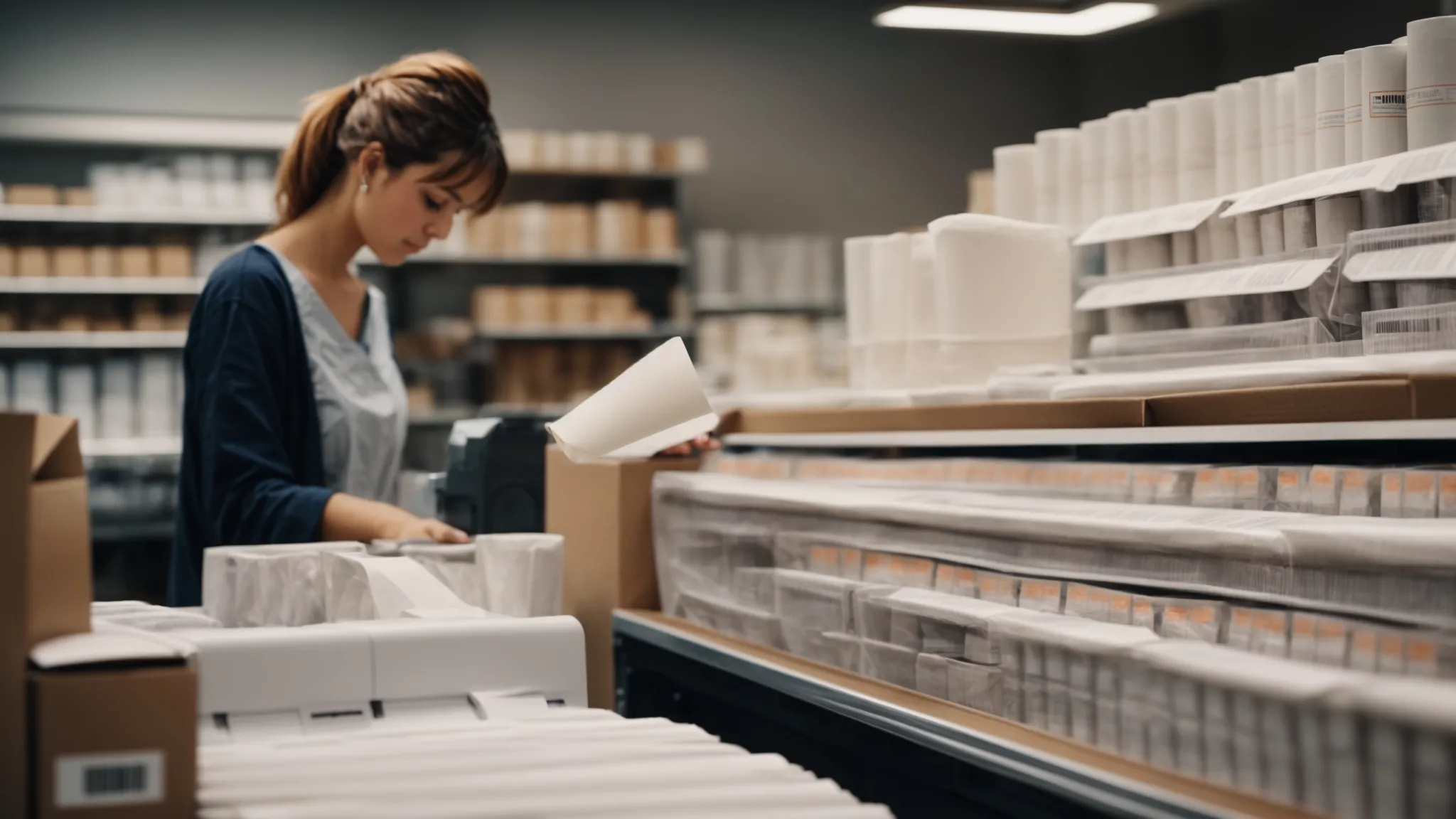 a cashier efficiently prints a long receipt from a register, surrounded by large boxes of thermal paper rolls.