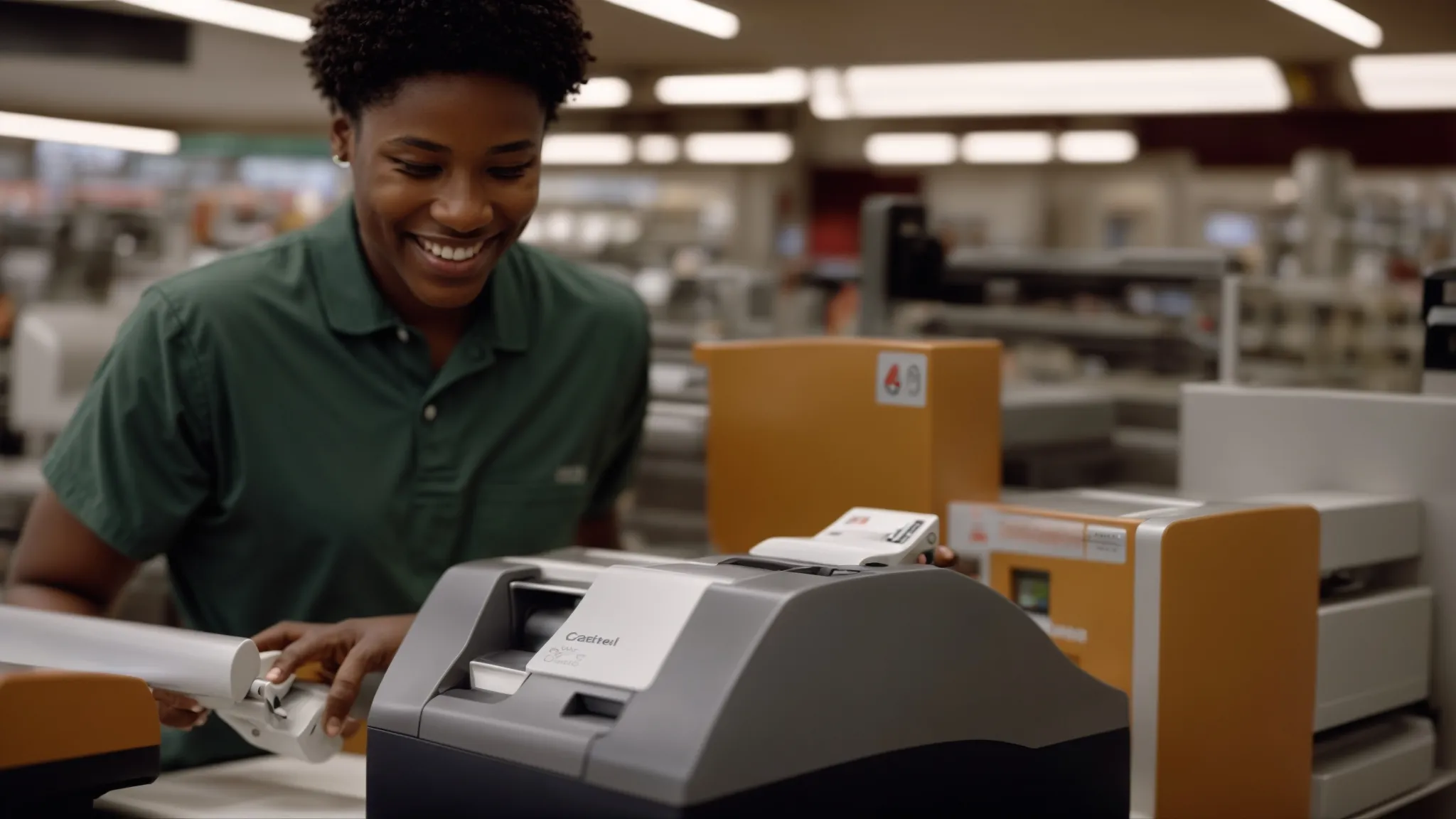 a cashier smiling as they smoothly pull a receipt from a modern, compact thermal printer at a checkout counter.