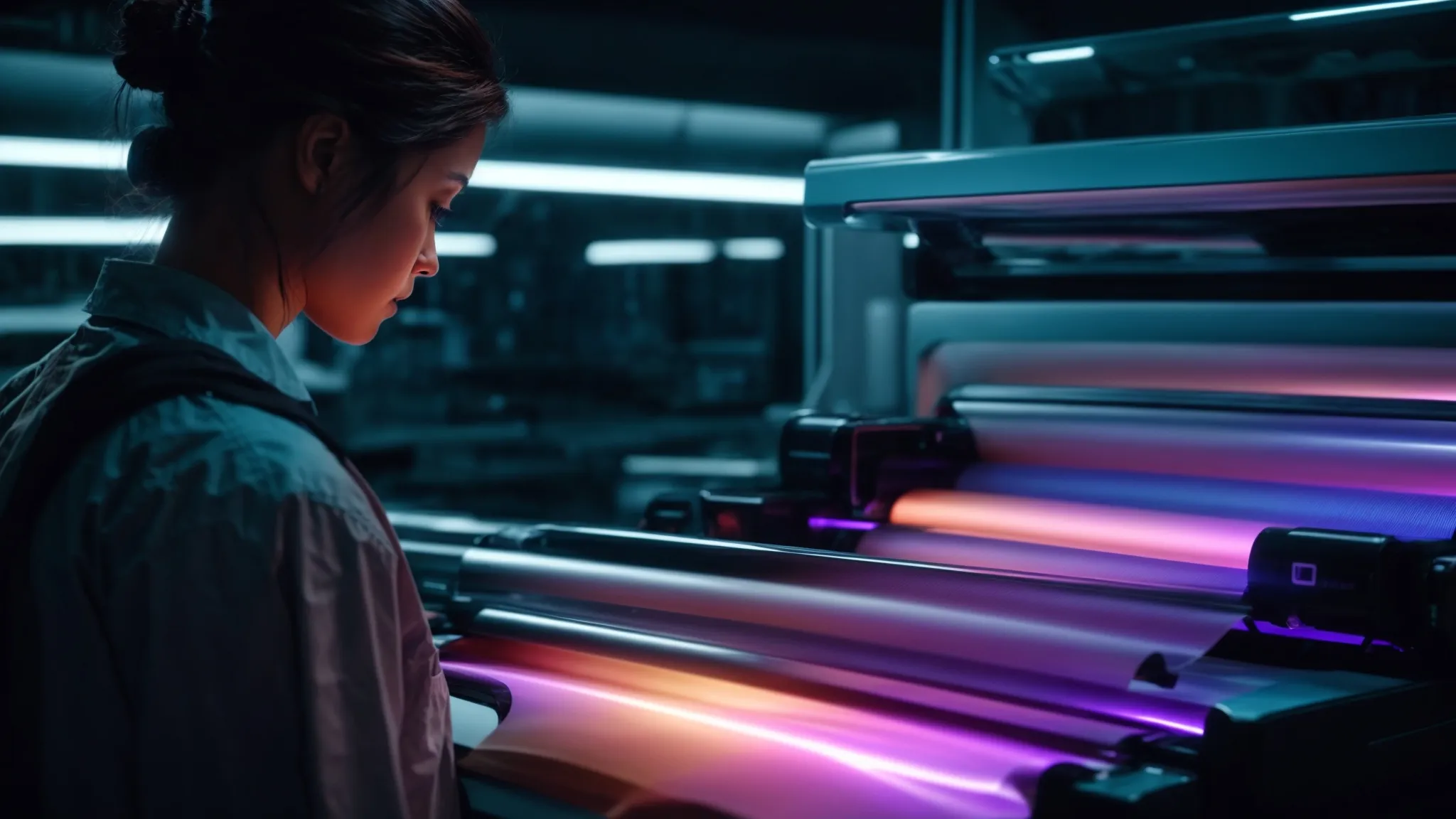 a researcher examines a glowing, futuristic printer as rolls of thermal paper stream out, reflecting the latest technology advancements.