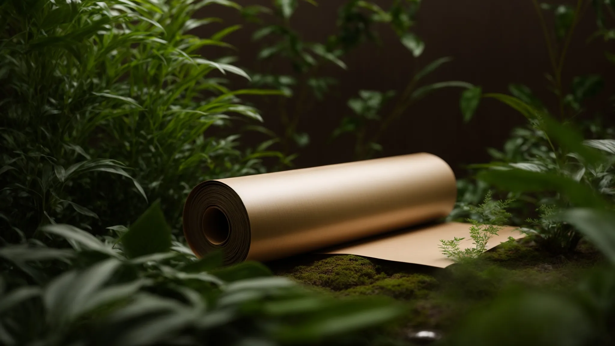 a roll of brown, recycled paper coming out of a sleek, modern printer, surrounded by green plants.
