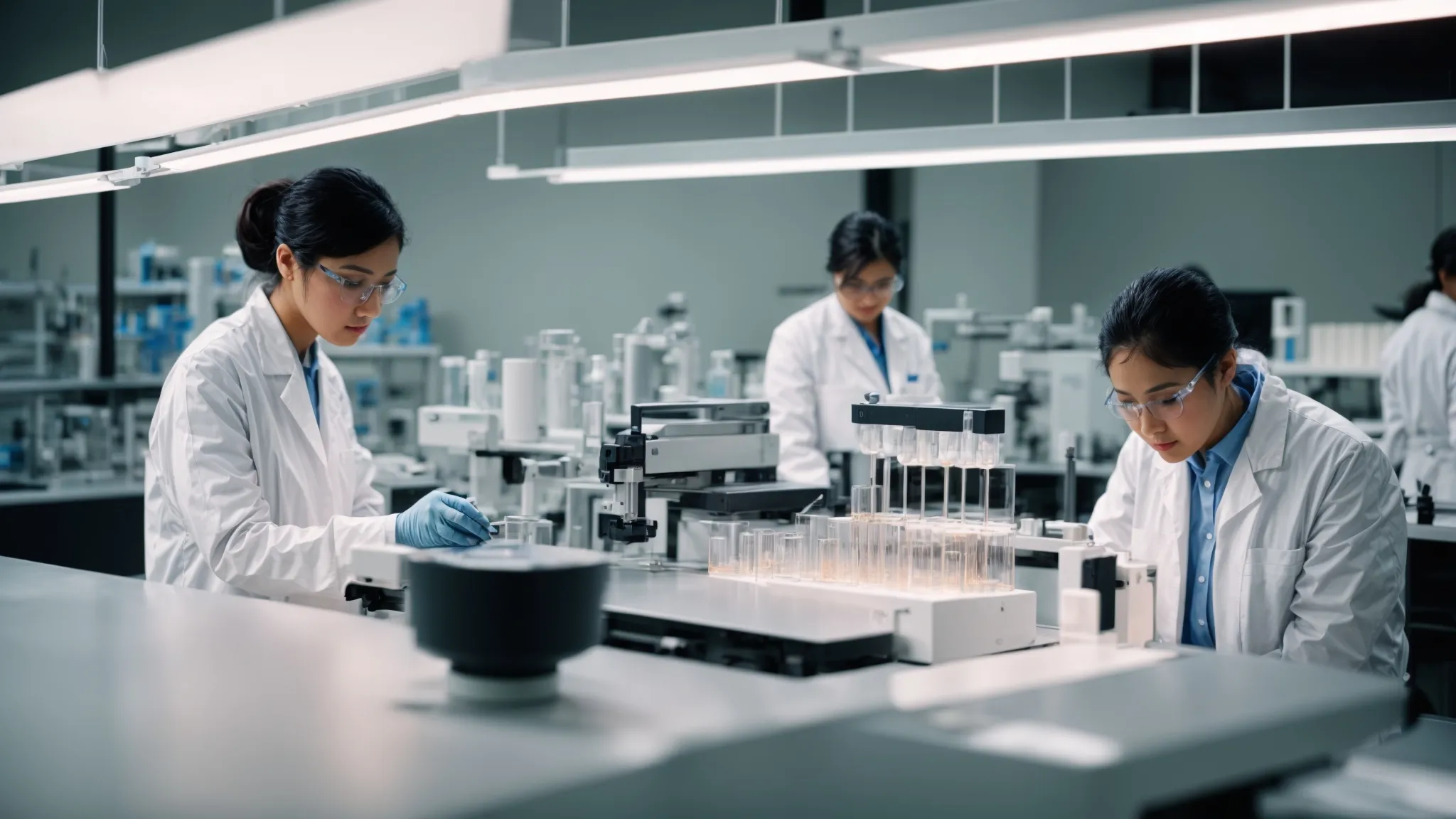 a laboratory with researchers examining eco-friendly thermal paper samples under the soft glow of modern equipment.