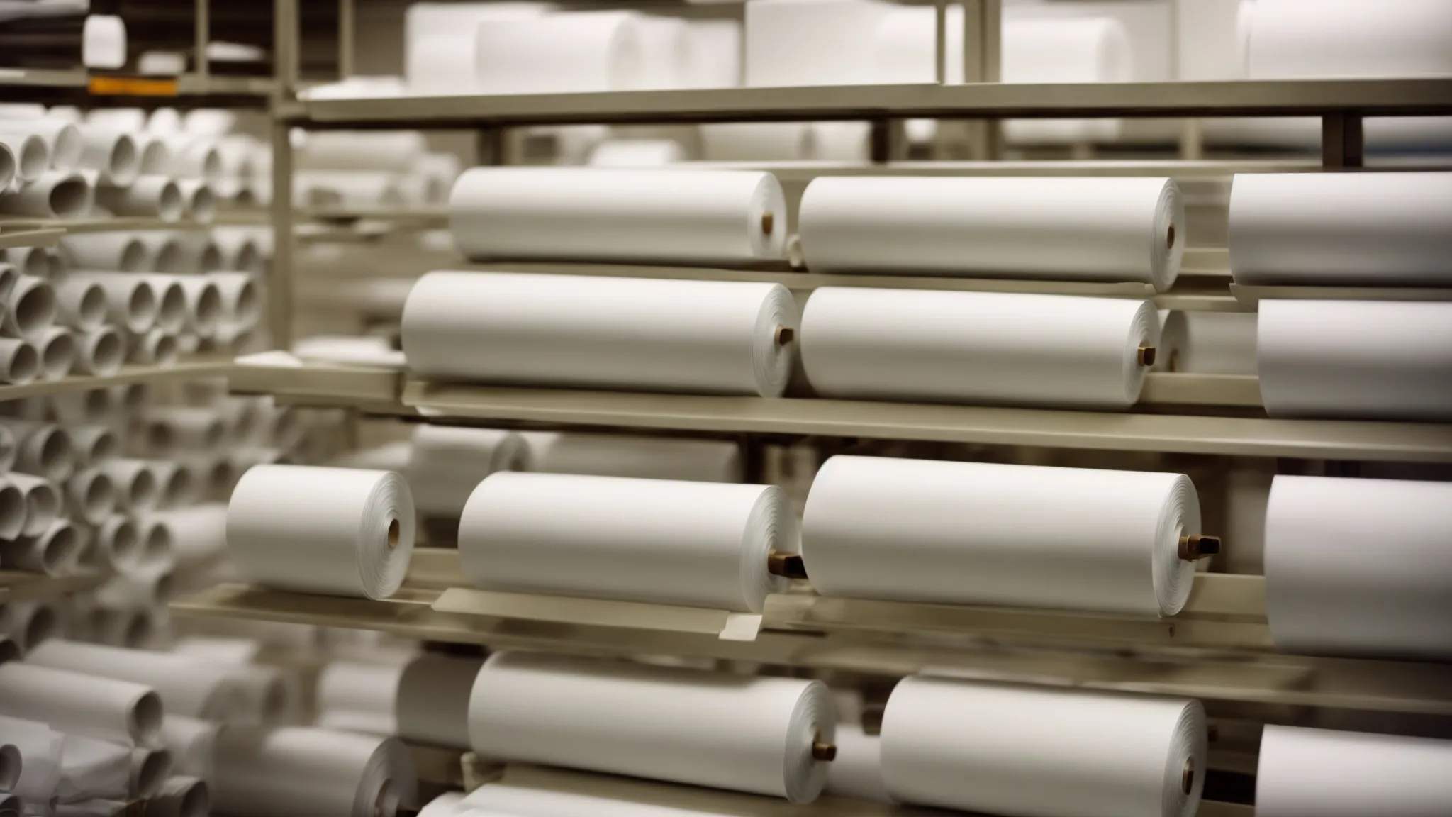 stacks of thermal paper rolls neatly arranged on a clean, dry shelf away from sunlight and moisture.